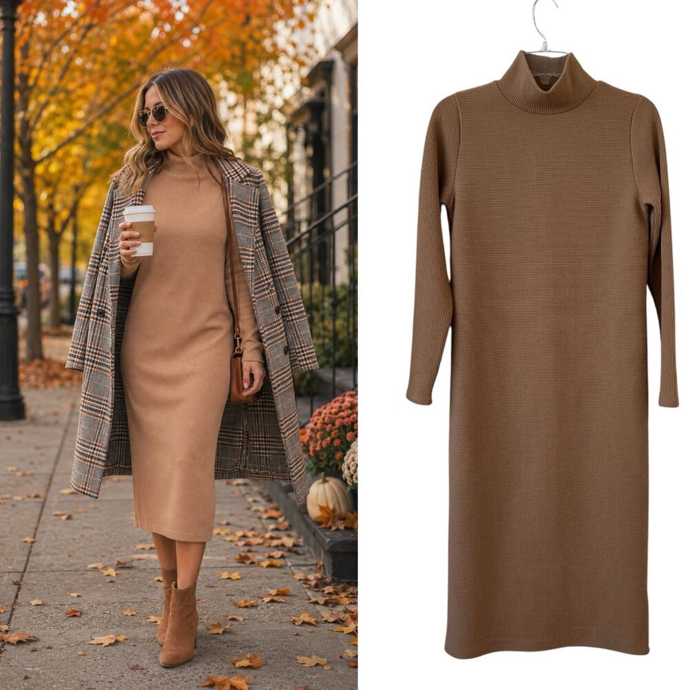 Express Camel Turtleneck Shift Long Sleeve Sweater Dress Midi XS